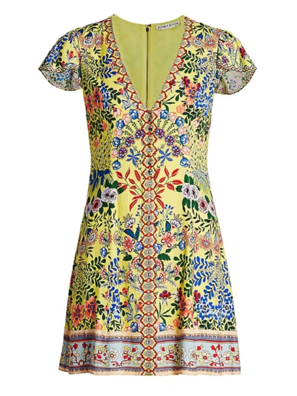 Alice + Olivia Yellow Floral V-Neck Mini Dress with Multicolor Print size2